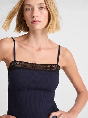 Madewell Black Ribbed Cami Lace-Trim Square-Neck Tank Top